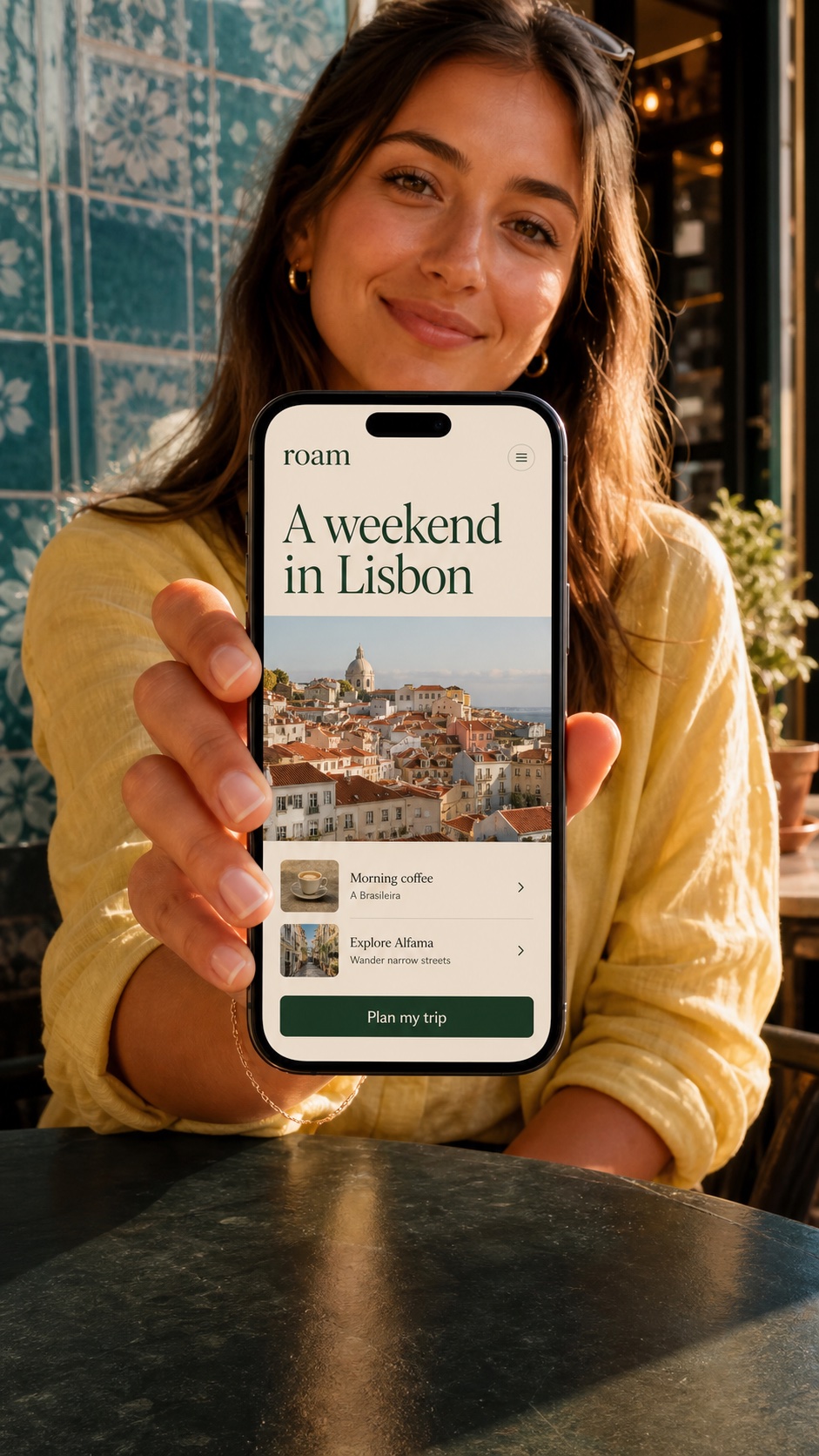 AI-generated creator holding a phone showing the fictional ROAM travel app